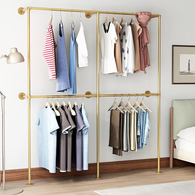 Gold Pipe Clothing Racks Wall Mount Gold Clothes Rack, Heavy Duty Industrial Pipe Clothes Racks Retail Display Hanging Rod for Closet Storage, Laundry Room