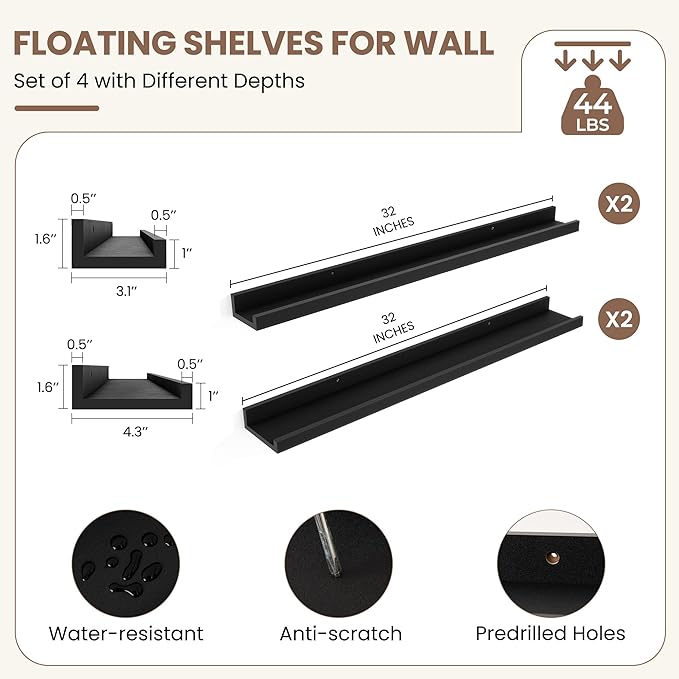 Fun Memories Picture Ledge Shelf, Black Floating Shelves Set of 4, 32 Inch Picture Shelves for Wall with Ledge, Large Nursery Book Shelf for Toys Storage, Living Room, Bedroom Decor Frames