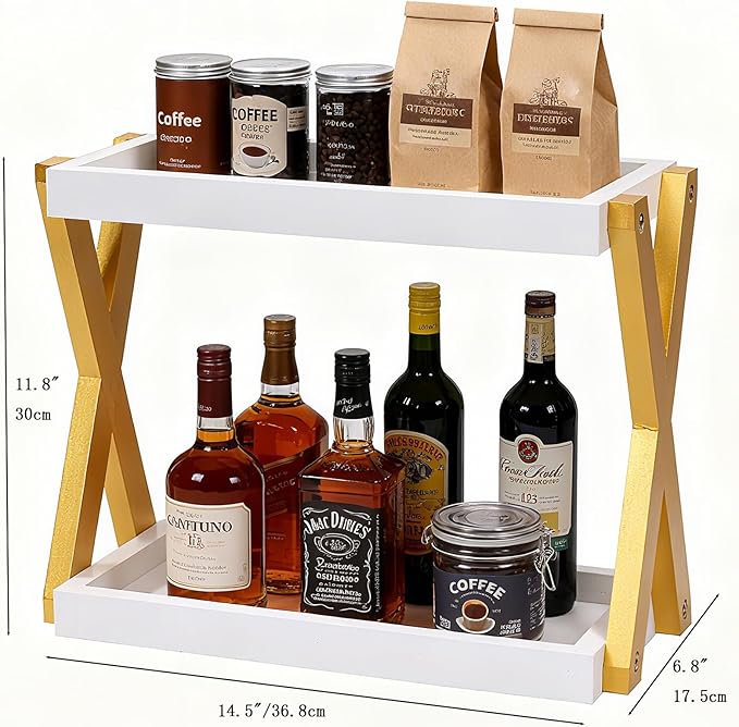 Bathroom Counter Organizer, Wooden Sink Shelf for Vanity Storage, Storage Organizers for Bathroom, Kitchen, Dresser (Gold-White)