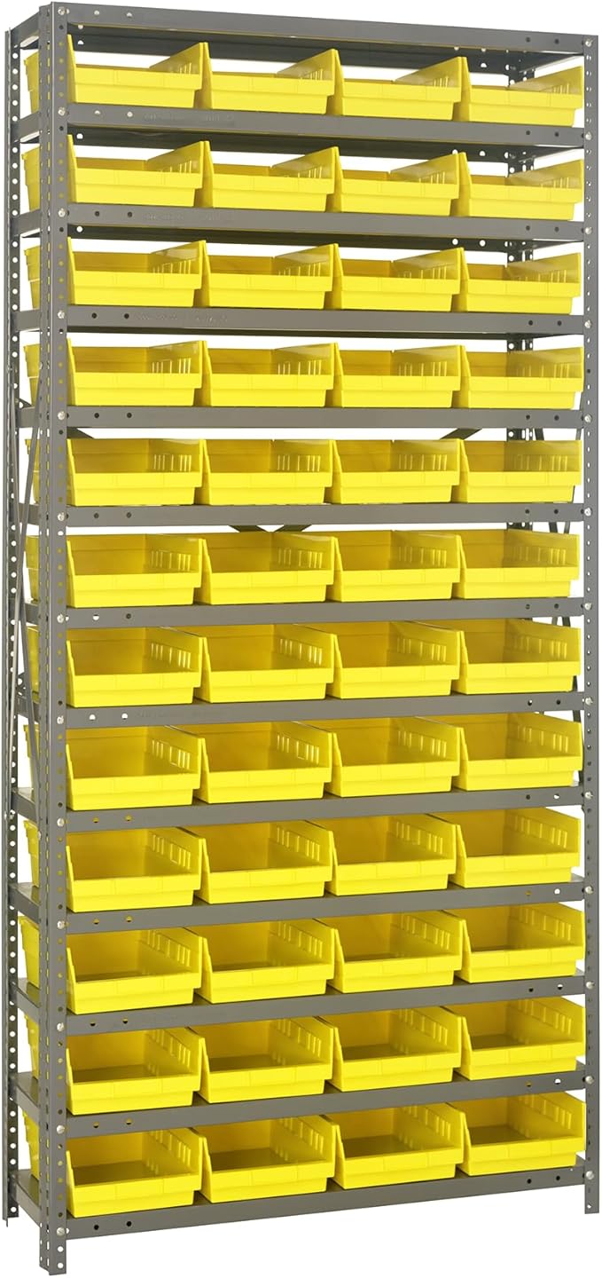 Quantum Storage Systems 1275-107YL Steel Shelving Unit with 4" Shelf Bins, 12" D x 36" W x 75" H, Yellow