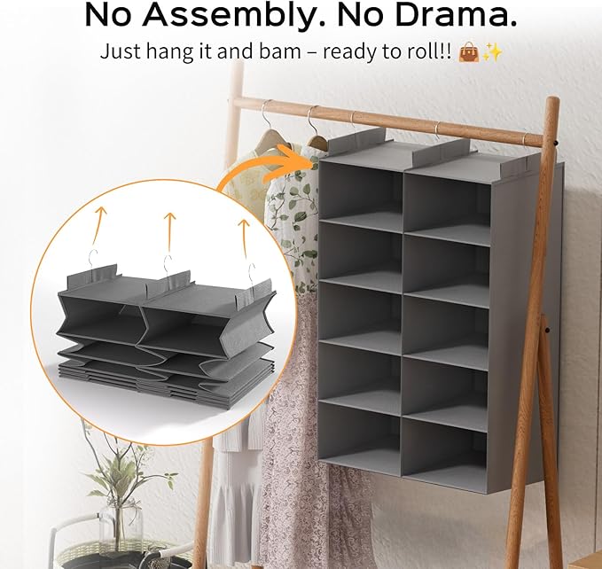 5 Shelves Hanging Closet Organizer – Foldable Dual-Row Hanging Clothes Storage with 3 Hooks, Space-Saving Closet Organizer and Storage for Sweater and Hats, Ideal for Dorms and Bedroom, Grey