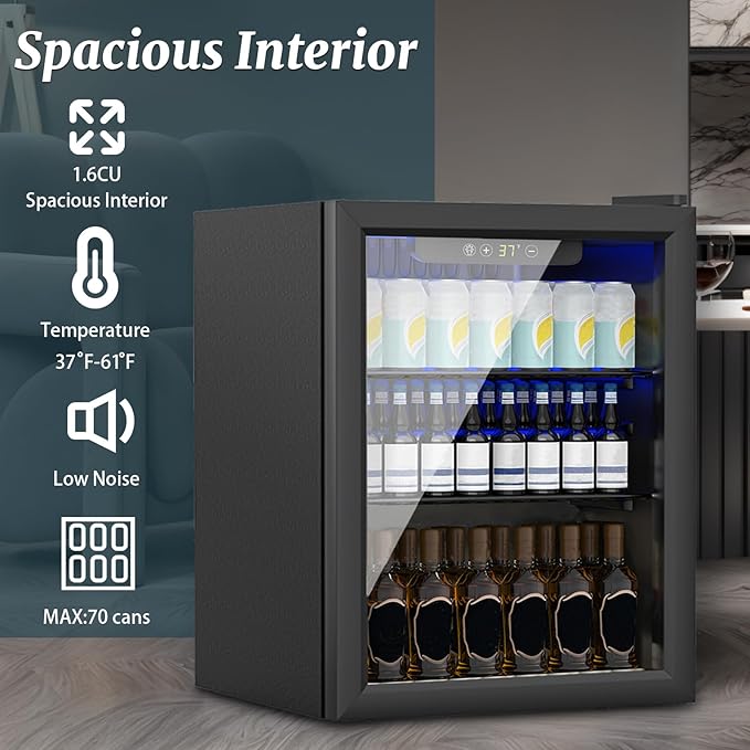 Compact 70 Can/1.7Cu.Ft Mini Fridge For Soda, Beer Or Wine, Portable Small Beverage Refrigerator With Digital Display&Removable Shelves &Reversible Glass Front Door For Office, Dorm, Bar