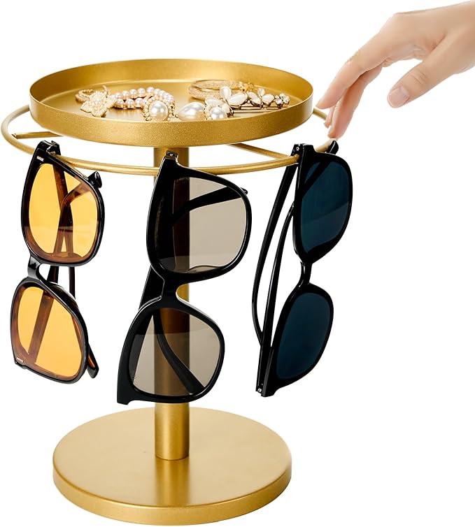 MoyRetty 360° Rotating Sunglasses Organizer - Stainless Steel Glasses Holder Stand with Jewelry Tray, Home Decor for Desk, Dresser & Nightstand(Gold)
