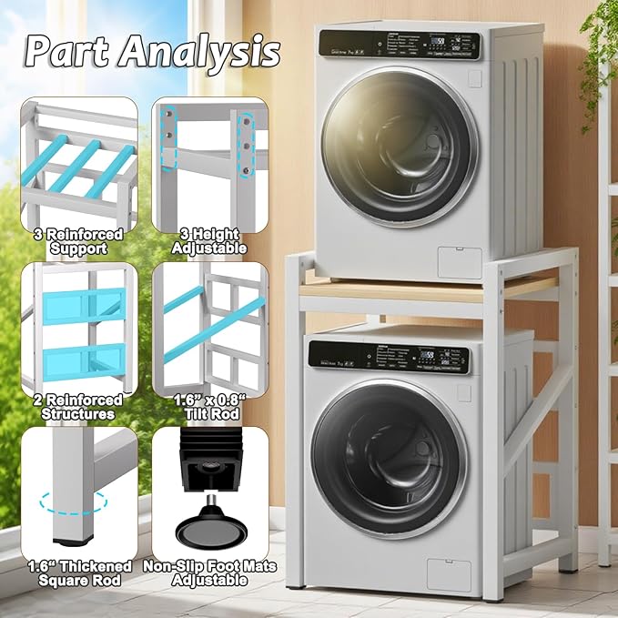 Over The Washer and Dryer Storage Shelf, Widen & 3 Height Adjustable Stacking Rack, Space Saver Washer Dryer Stacking Kit, Thicker Metal Washer Shelf for within 29.5" width (White, 29.5 Inch)