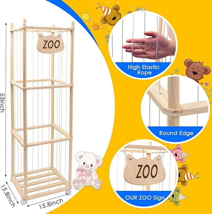 Stuffed Animal Storage, Wood Stuffed Animal Zoo Storage, Space Save Stuffed Animal Holder, Plush Toy Storage Organizer with Brake Wheels for Bedroom Playroom Nursery Bedroom
