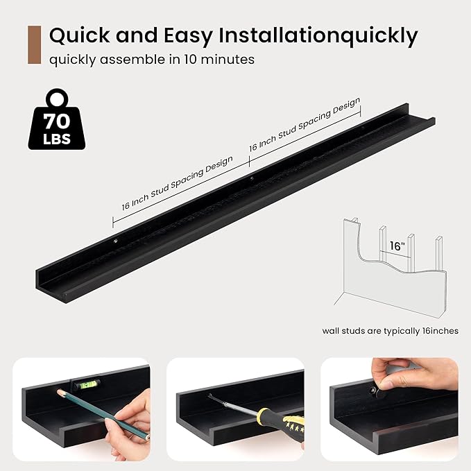 Picture Ledge Shelf, Floating Shelves Set of 2, 48 Inches Solid Wood Nursery Book Shelves for Toys Storage, Kids Bookshelf Wall Mounted for Living Room Bedroom Decor Books Photo Frames, Black