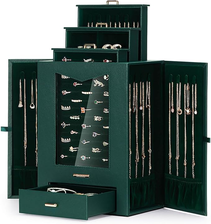 Homde Jewelry Organizer with Transparent Window Necklace Hooks Gift for Women Jewelry Box Display Case for Necklaces Rings Earrings Bracelets and Other Accessories (Forest Green)