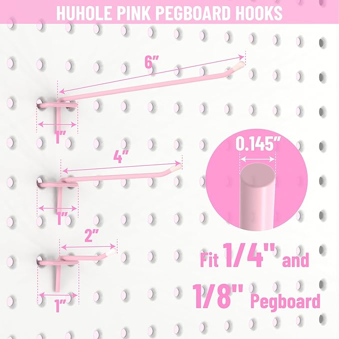 HUHOLE Pegboard Hooks 6 Inch 50PC, Pink Peg Board Hooks, Fit 1/4" or 1/8" Pegboard, Ideal Peg Board Organizer Accessories for Wall Display, Crafts Organization, Kitchen Organizer(Pink, 6 Inch)