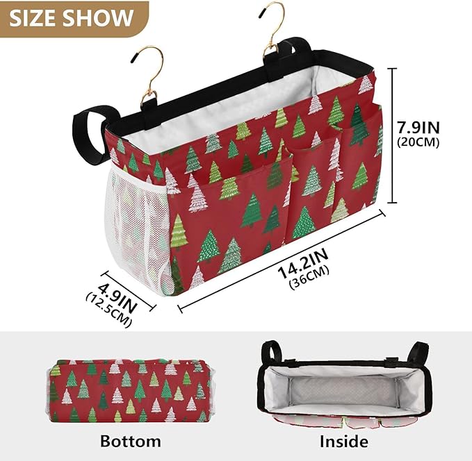 Christmas Trees White Green Bedside Caddy for Dorm Bed Bedside Hanging Caddy Bag Iron Frame Storage Organizer Pocket for Bunk Home College Hospital Beds 2 Hooks