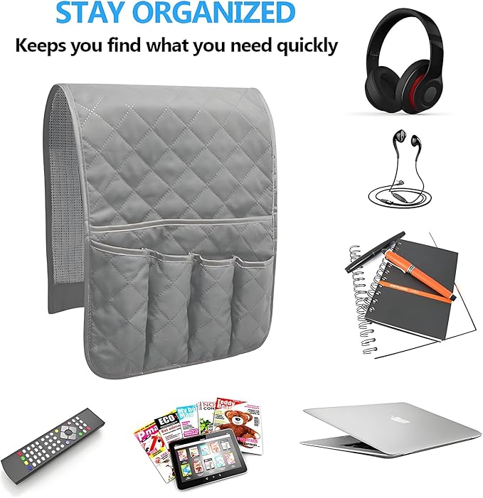 Sofa Armrest Organizer Non-Slip Arm Chair Bedside Caddy Storage Organizer for Recliner Couch with 5 Pockets for Cell Phone TV Remote Control Magazines(LIGHT GRAY)