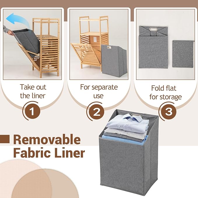 GOFLAME Tilt-out Laundry Hamper with 2-Tier Shelves, Bamboo Laundry Baskets Organizer with Removable & Foldable Fabric Liner, Bathroom Storage Shelf Cabinet for Laundry Room, Bedroom