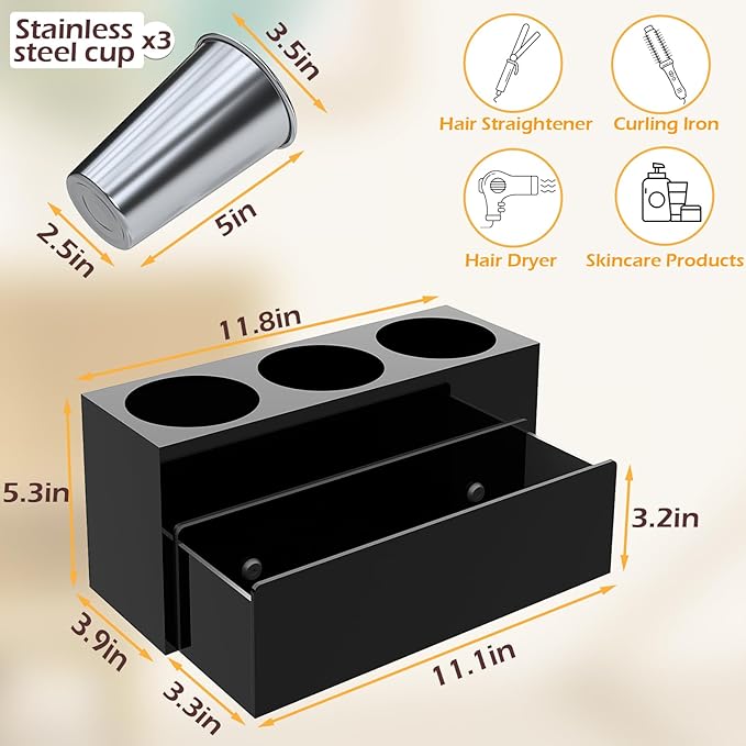 Hair Tool Organizer, Acrylic Hot Hair Styling Tool Organizer with 3 Cups, Hair Dryer Holder for Bathroom Organization Bedroom Vanity Countertop Caddy Storage Curling Iron Stand (Glossy Black)