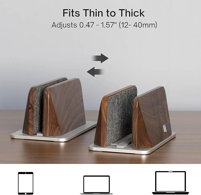 Vertical Laptop Stand, Black Walnut Wood Laptop Holder Vertical for Desk - Heavy Silver Aluminum Base | Adjustable Dock (8-38mm) Fits Most Laptops, MacBooks (Silver Base)