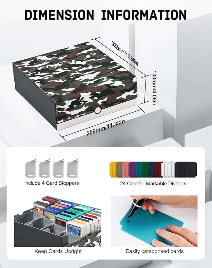 ZLCA Card Storage Box for MTG PTCG, Commander Deck Box Holds 3200+, Deck Storage Case with 4 Stoppers(Camouflage& White)