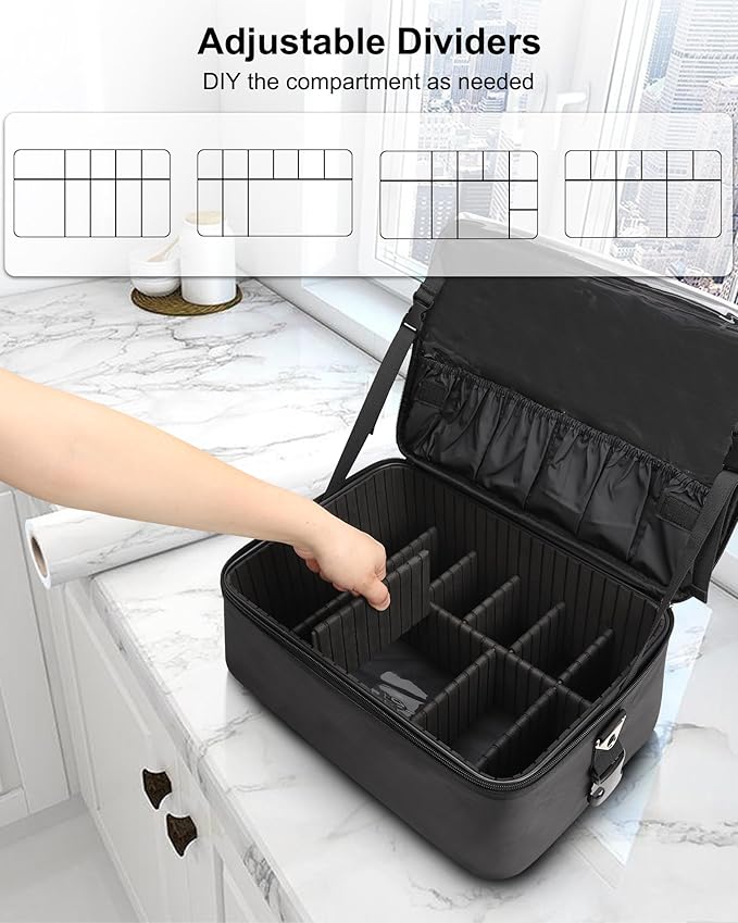 Relavel Makeup Bag Large Makeup Case Professional Cosmetic Storage Organizer Box Brush Holder with 3 Clear Set Bags for Makeup Artists with Shoulder Strap & Adjustable Dividers