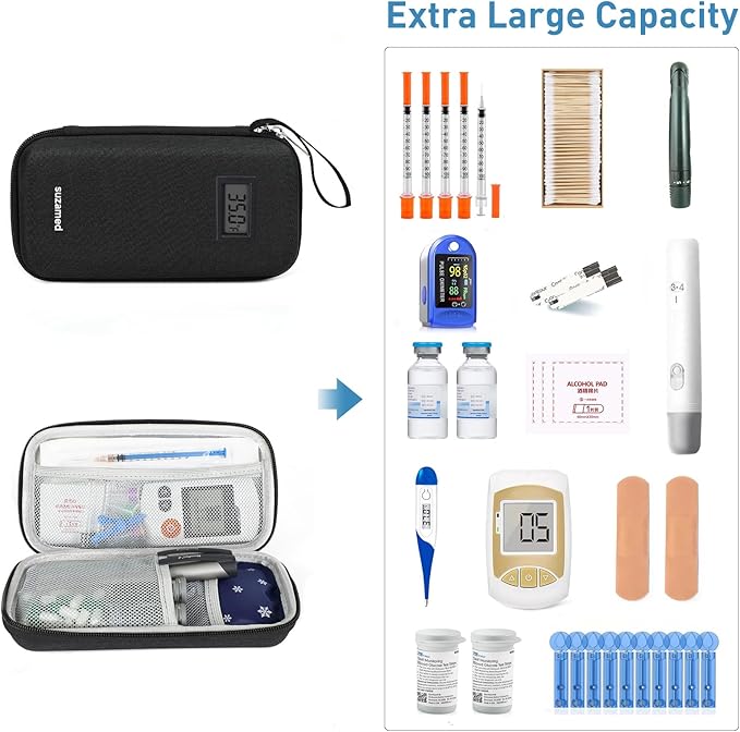 Insulin Cooler Travel Case,EVA Insulation Travel Medicine Kit with Temperature Display for Diabetes Care,Insulin Pen and Other Diabetic Supplies (Black-Temp)