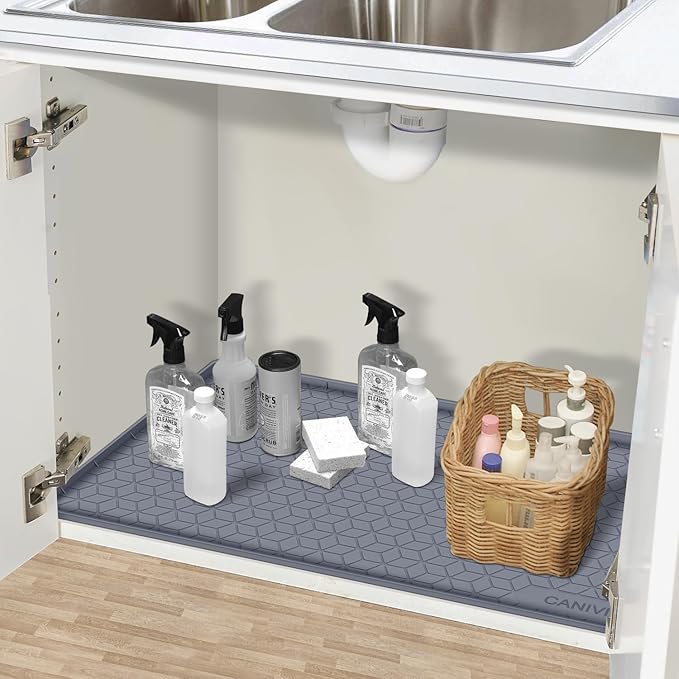 Under Sink Mat, 34" x 22" Waterproof Silicone Under Sink Tray for Kitchen & Laundry Cabinets, Kitchen Cabinet Shelf Protector, Up to 3.3 Gallons Liquid, Fits 36 inch Standard Cabinet(Grey)