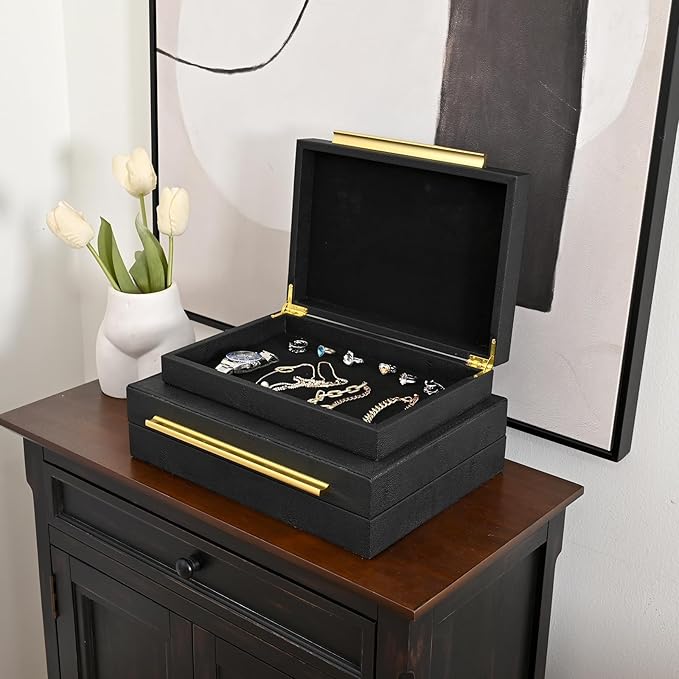 Faux Shagreen Leather Jewelry Boxes Set of 2 with Gold Handles, Decorative Organizer Storage Box for Rings, Earrings, Watches, Dresser, Vanity, Stackable, Black