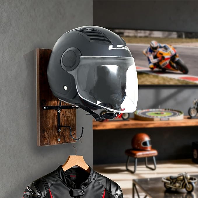 Wooden Motorcycle Helmet Holder, Wall Mount Helmet Rack with Metal Hook, Motorcycle Helmet Hanger Easy Storage for Helmets, Caps, Sportswear, Hats, Coats & Motorcycle Gear