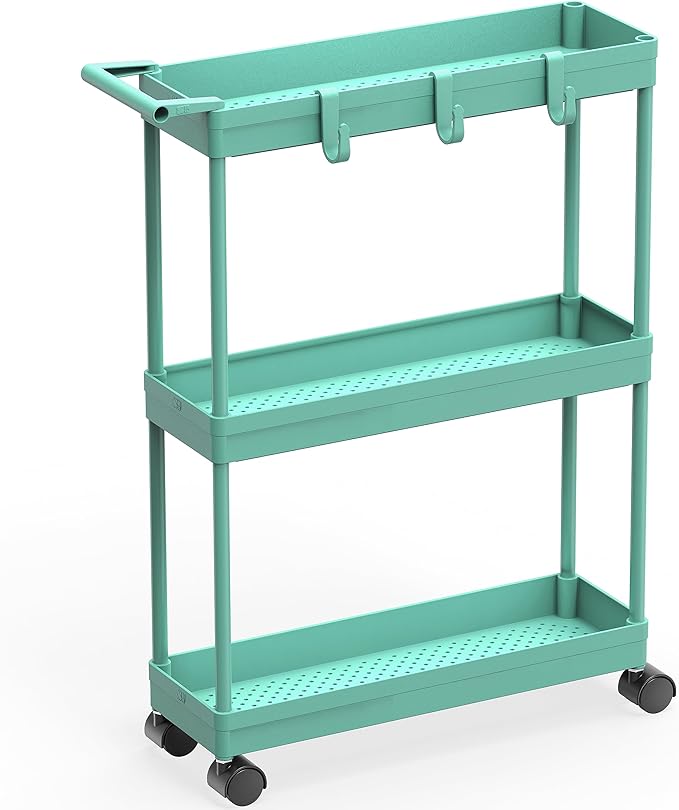 Simple Houseware 3-Tier Slim/Narrow Storage Cart with Handle, 5.5'' Wide x 26.5'' Height Rolling Organizer for Kitchen, Bathroom, Laundry Room - Turquoise