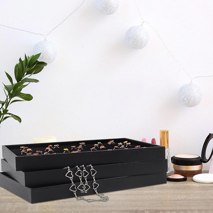 Rocutus Jewelry Trays,3 Pack Stackable Velvet Jewelry Organizer Tray Drawer Jewelry Storage Tray,Divided Ring Organizer Tray for Earrings, Necklaces, Bracelets,13.8"x9.5"x1.2" (Black)