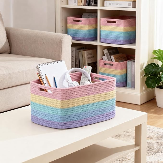 5 Pack Rainbow Woven Storage Baskets for Shelves, Decorative Toy Baskets Organizer for Kids Room, Nursery, Playroom, Classroom – Colorful Cotton Rope Toy Storage Bins for Organizing & Decor