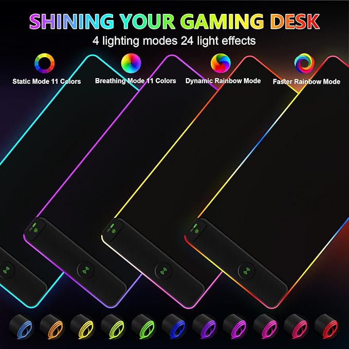 Magnetic Wireless Charging RGB Mouse Pad, 31.5'' x 15.8'' Large LED Gaming Desk Mat, 24 Light Effects, Non-Slip Rubber Base, Waterproof Ultra-Smooth Surface