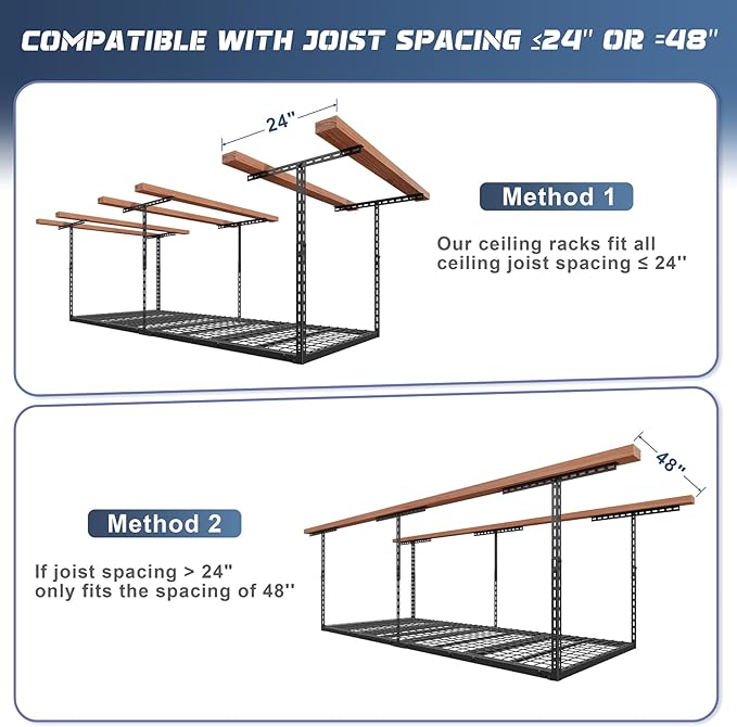3X8FT Overhead Garage Storage Rack, 22"-48" Height Adjustable Garage Ceiling Storage Racks, Heavy Duty Metal Overhead Storage Organizer System, 750LBS Weight Capacity