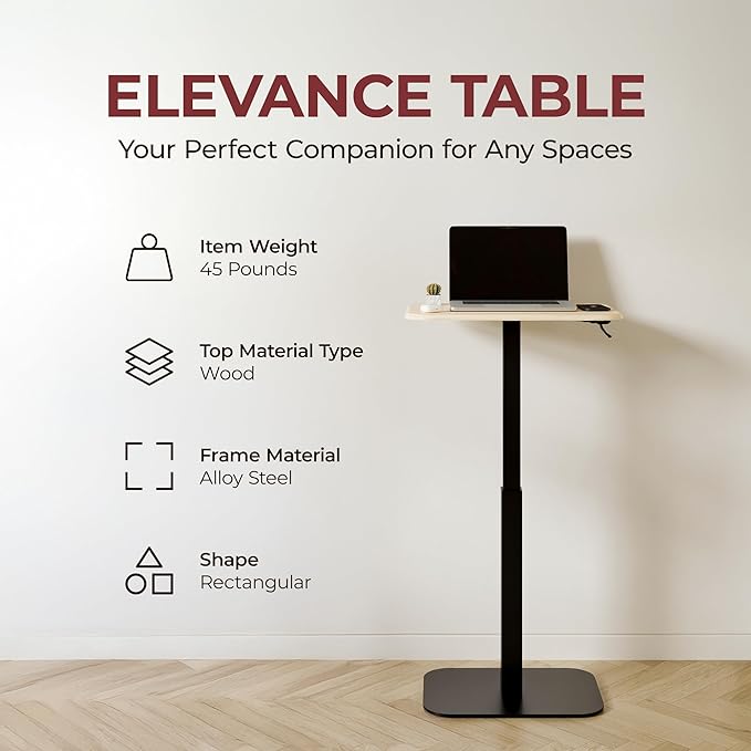 Ergohome™ ELEVANCE Table™ Effortless Height Adjustable Side Table for Couch Bed, Laptop Table - Small End Table Office Coffee Table - Superior Stability Sofa Side Table (Black Base Washed Oak Top)
