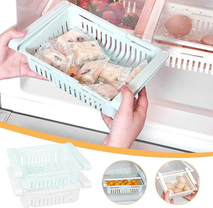 Refrigerator Drawer Organizer 2 Packs Retractable Drawer Refrigerator Storage Box, Unique Design Pull Out Storage Box, Sliding Shelves Refrigerator Hanging Organizer