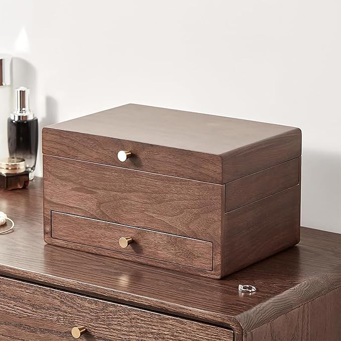 CHOSIN Black Walnut Jewelry Box for Women, 3-Level Multi-functional Organizer with Mirror for Watches, Necklaces, Rings & Earrings Storage Christmas Gifts