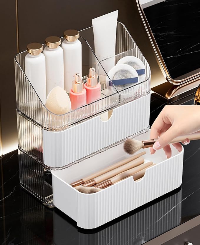 Medicine Cabinet Organizer 3 Tier, Stackable Bathroom Mirror Cabinet Storage，Small Makeup Organizers with 2 Drawer and 1 Tray for Wall Cabinet， Closet， Vanity, Countertop, Clear White