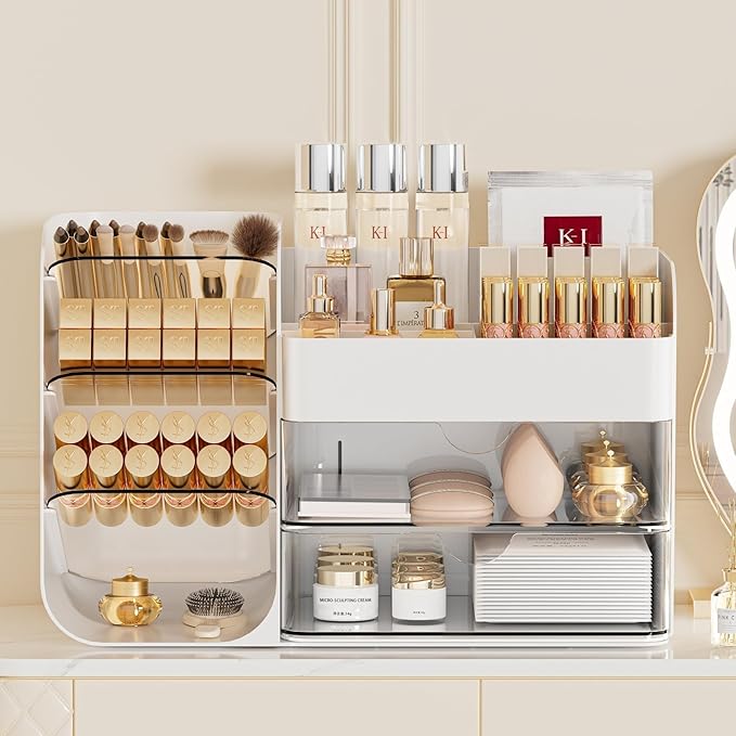 Makeup Organizer with Drawers,Large Capacity Countertop Organizer for Vanity,Bathroom and Bedroom Desk Cosmetics Organizer,Easy To Storage Skincare,Brushes, Eyeshadow,Lipstick (White, Large)