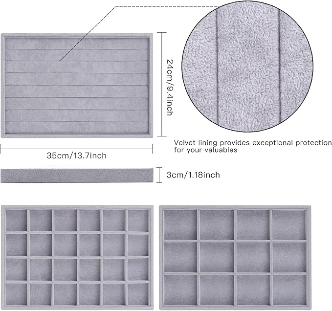 Rocutus Jewelry Trays,3 Pack Stackable Velvet Jewelry Organizer Tray Drawer Jewelry Storage Tray,Divided Ring Organizer Tray for Earrings, Necklaces, Bracelets,13.8"x9.5"x1.2" (Grey)