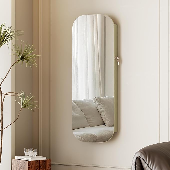 LVSOMT Round Mirror Jewelry Cabinet Door Hang, Jewelry Armoire with Mirror Wall Mounted, Hanging Mirror Jewelry Organizer, Full Length Mirror with Jewelry Storage, Green