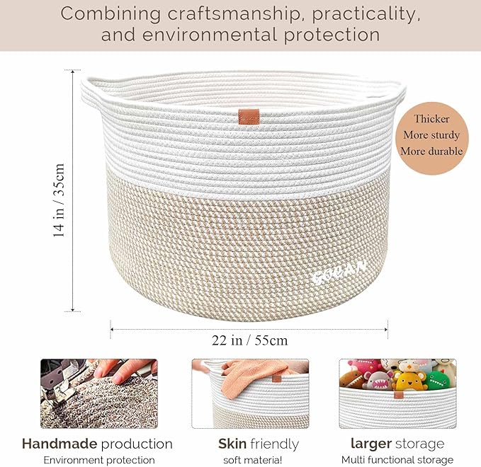 Large Laundry Basket Toy Storage Blanket Basket Woven Cotton Rope Baskets with Handles for Living Room (Brown/Beige) XXXL