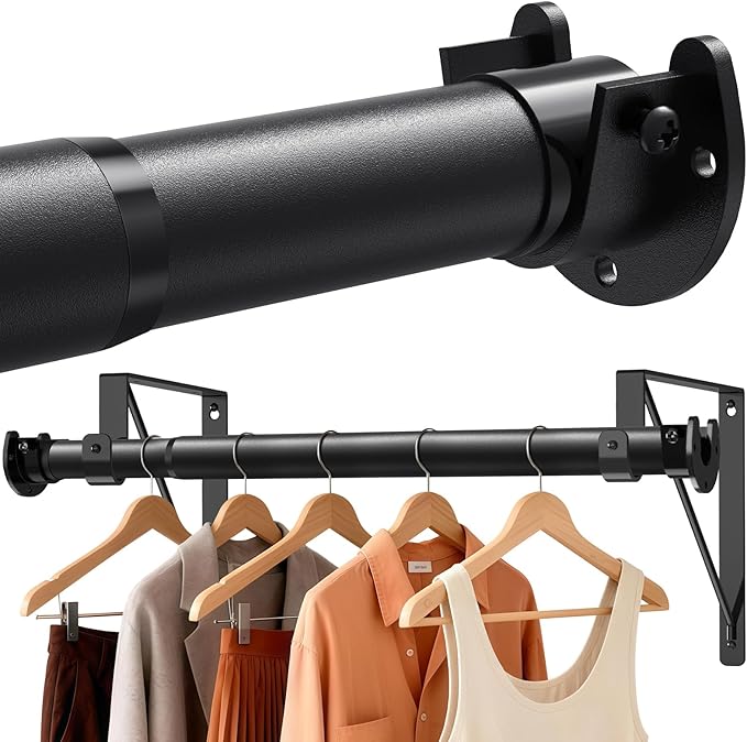 Closet Rods for Hanging Clothes with Triangular Brackets, 17 to 54 Inches Stepless Adjustable Closet Rod, 1.3 Inch Heavy Duty Closet Rod for Closet Wardrobe Laundry RV (Without Board/Black)