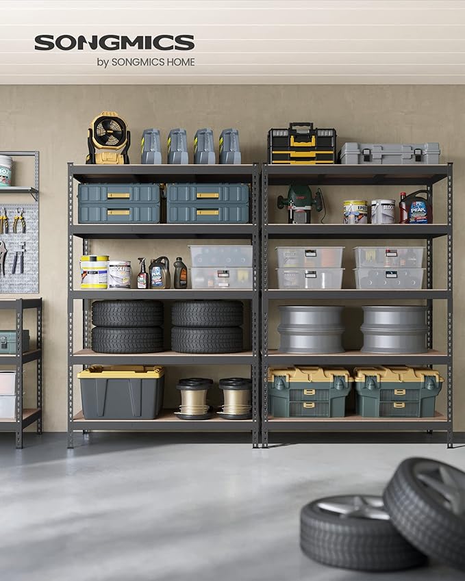 SONGMICS 5-Tier Storage Shelves, Load 2310 lb, Set of 2 Garage Storage, Boltless Assembly, Adjustable Shelving Unit, 23.6 x 47.2 x 70.9 Inches, for Study Shed Basement, Gray UGLR600G02