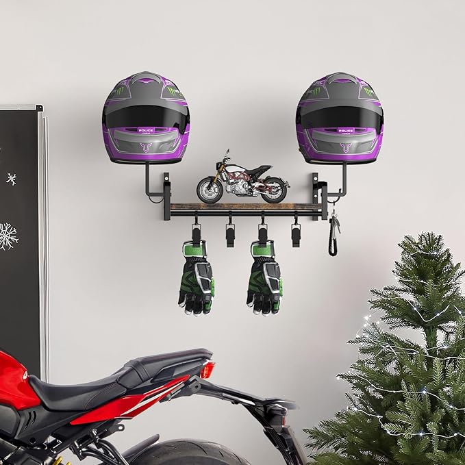 OYEAL Motorcycle Helmet Holder Wall Mount, Rustic Helmet Display Rack with Hooks, Storage Shelf, 4 Glove Clips for Motorcycle Gear Accessories Storage, Brown