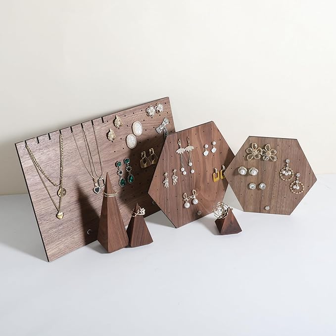 GemeShou Hexagonal Earring Organizer stand, Walnut Plywood Jewelry Display Board for Hanging earring studs, Perfect for Storing and Showcasing Your Jewelry Collection【Set of Two Size】