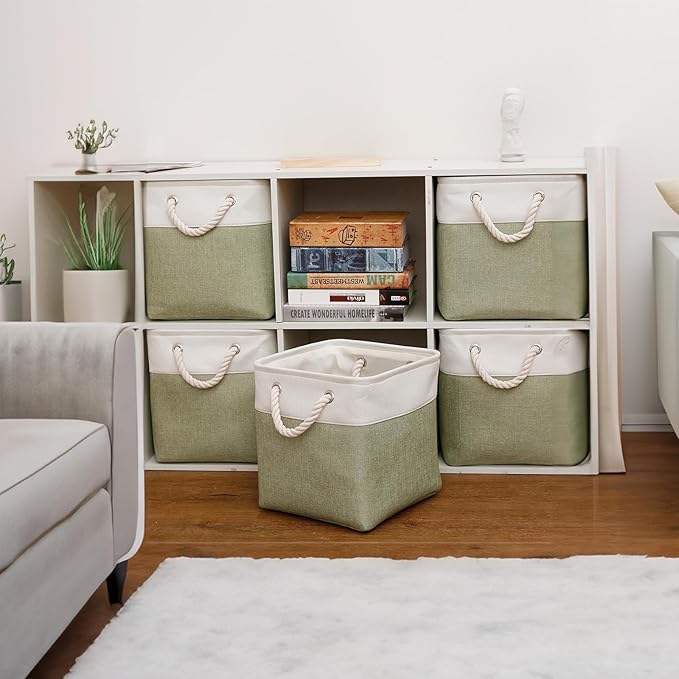 Fabric Storage Cubes, 11 inch cube storage bin with Handles, 11x11cube storage organizer bins, Collapsible Storage Bins for Shelves and Home, Cubby Storage Bins (white-green, 10.5x10.5x11in)