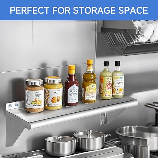 ROCKPOINT Stainless Steel Shelf 14 x 48 Inches 350lb, NSF Metal Commercial Shelves Wall Mount Floating Shelving with Backsplash for Restaurant, Kitchen, Home and Hotel, Silver