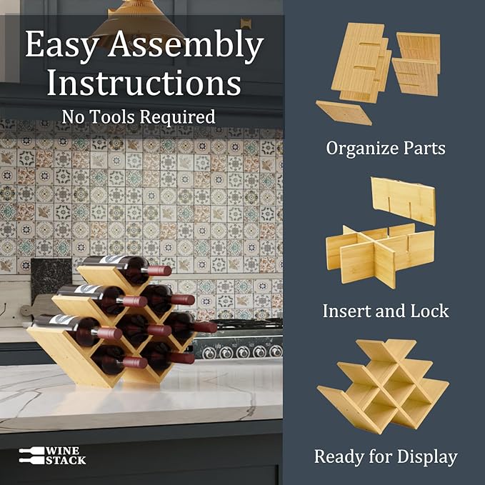 8 Bottle Bamboo Small Wine Rack for Countertop, No Tools Assembly, Modern Lattice Design, Durable, Wine and Liquor Bottle Storage for Small Spaces