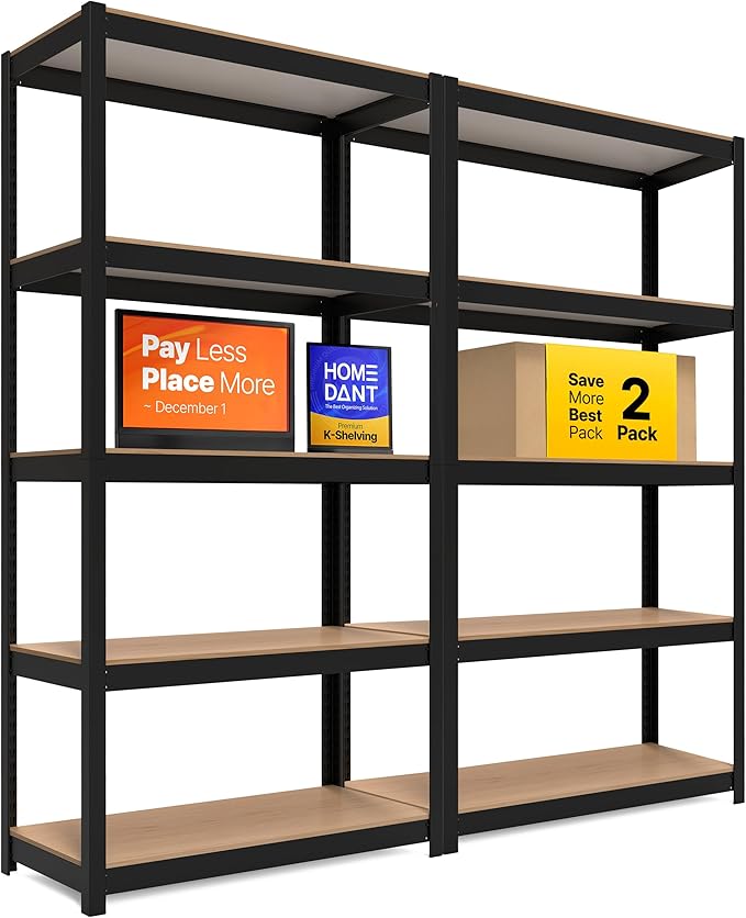 HOMEDANT House Black 5-Tier Laminated Metal Shelving Unit Adjustable Storage Utility Rack Heavy Duty Shelves Organization Shelf Kitchen Garage Pantry Closet 2Pack