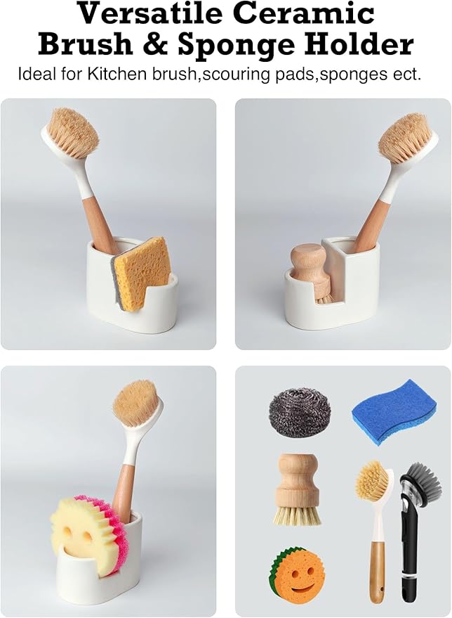 2-in-1 Ceramic Sponge Holder,Dish Sponge and Brush Holder for Kitchen Sink,Bathroom, Keeps Sponges, Brush and Countertop Drying&Hygienic, Dishwasher Safe, Rust-Proof, White