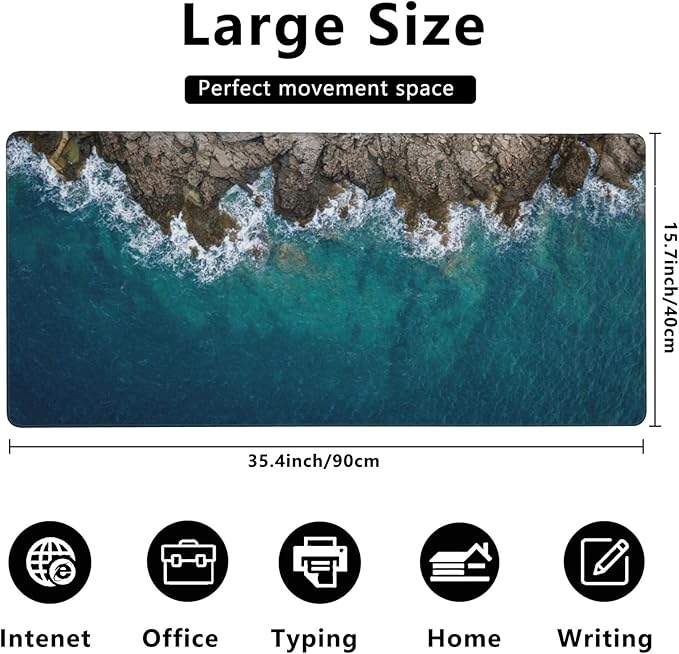 Desk Mat,Sea Waves and Fantastic Coast Gaming Mouse Pad,XXL Extended Mouse Pad Mat for Office,Computer,Keyboard with Non-Slip Base Stitched Eges Mousepad 35.4x15.75 inch