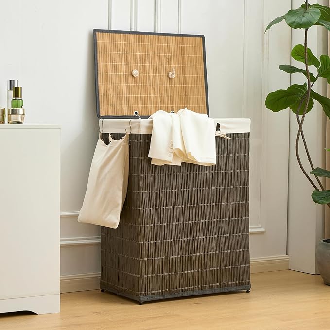 Laundry Hamper with Lid, 52.8 Gallon(200L) Large Laundry Basket 2 Removable Liner Bags, Synthetic Rattan Clothes Hamper with Side Pocket, laundry organization for bathroom, laundry room, Grey