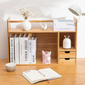 Bamboo Desktop Bookshelf 2-Tier Short Bookshelf with 2 Drawers Desk Shelf for Top of Desk Organizer Shelves Table Top Shelf Desktop Shelves for Offices & Studies (Short Style-22.83" L)