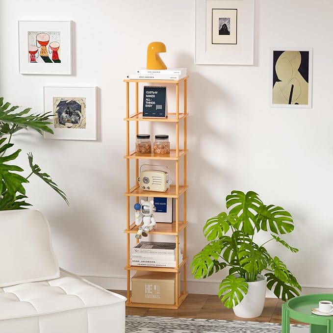 Bamboo Free Standing Shoe Rack Shelf Multi Tier Tall Wooden Stackable Shoes Rack Organizer for Closet Front Door Entrance Narrow Vertical Shoe Storage Rack for Corner Stand (Nature, 7 Tiers)