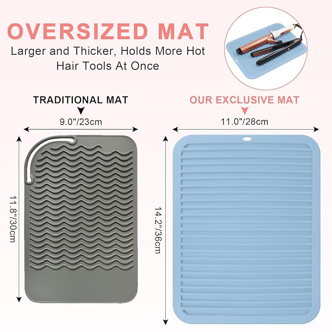 AMIJEAL Oversize Silicone Heat Resistant Mat for Hair Tools, Curling Iron Flat Iron Hair Straightener Holder Mat, Portable Hot Tools Sleeve Pad for Travel Vanity Salon(14.2" x 11.0")